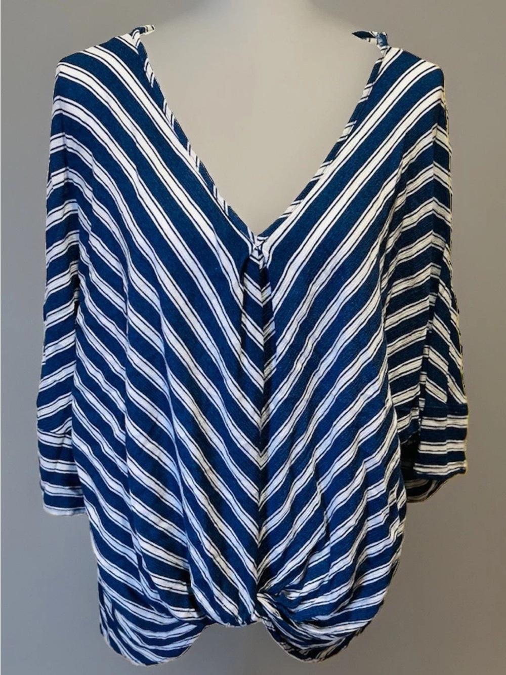 Umgee Striped Front Twist Knot V-Neck High-Low Top Navy White coastal boho chic